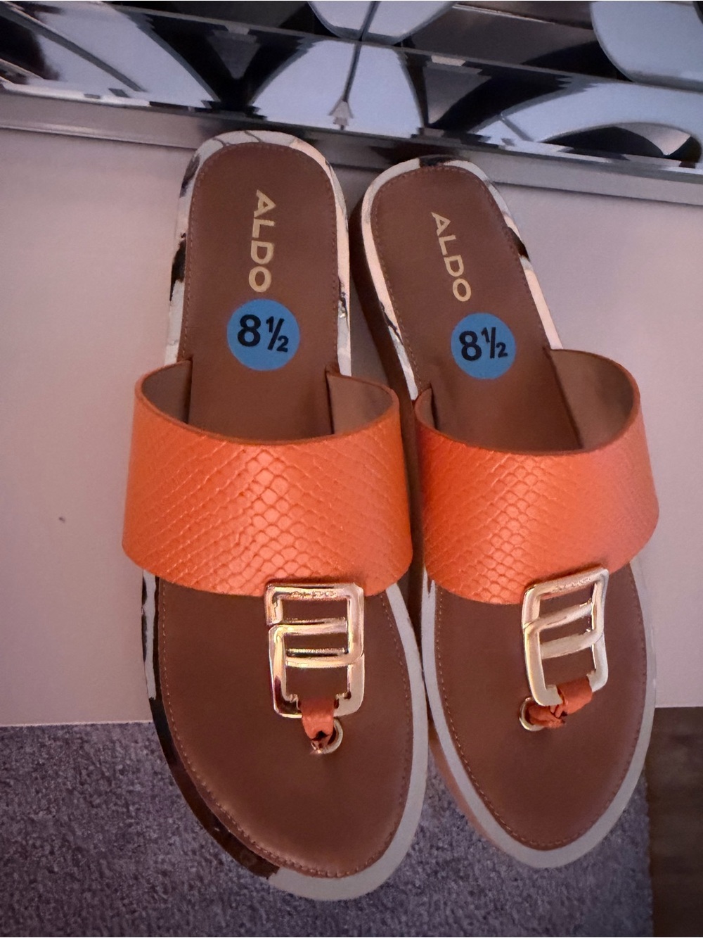 ALDO Orange Leather Slide Sandals with Gold Buckle